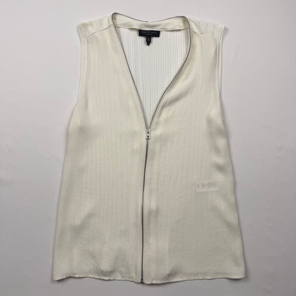 Rag & Bone Ivory Mixed Media Full Zip Sleeveless Pointelle Knit Top Womens Small